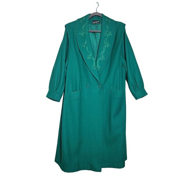 Lady Suzette Womens XL 1X Wool Blend Trench Coat Elmbroidered Fully Lined Green